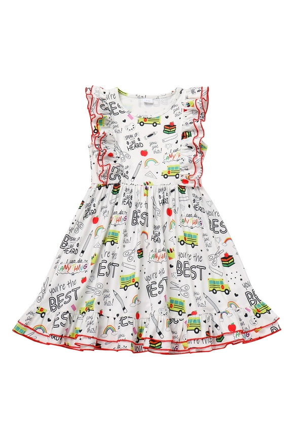 Kids Girls Back to School Toddle Pencil Apple Print Casual Flutter Sleeve Round Neck School Dress Ruffle Dress Outfits 4-5 Years White