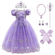 OBEEII Kids Girls Fairy-tale Cosplay Costume Princess Dress Baby Girls Birthday Party Fancy Dress Up Photo Shoot Dress With Crown 120 Purple