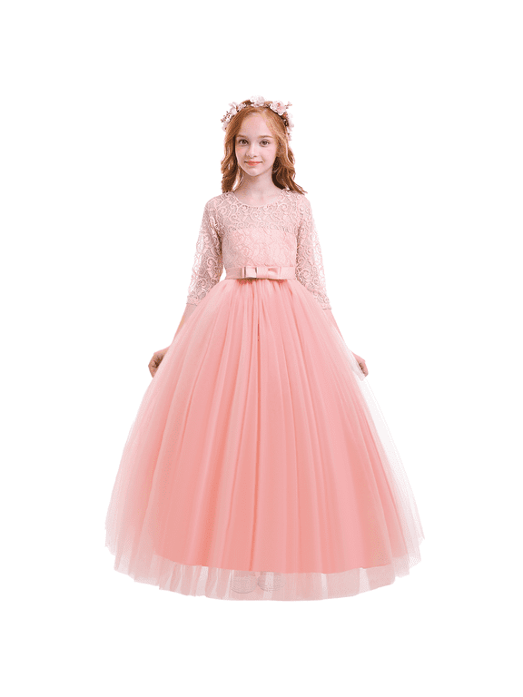 Kids Girls Formal Party Dress 3/4 Sleeve Full Length Princess Dresses Girls Birthday Party Dress 110 Pink