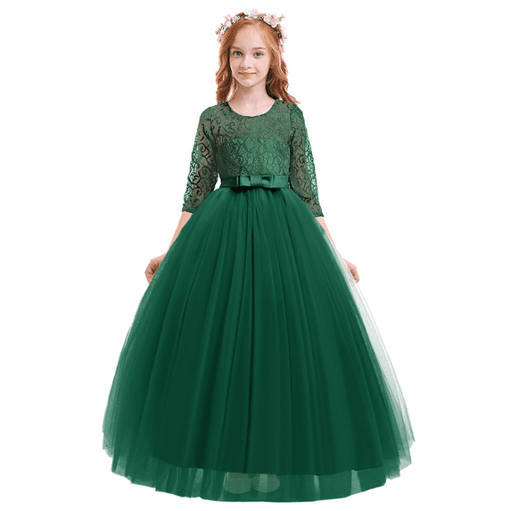 OBEEII Kids Girls Formal Party Dress 3/4 Sleeve Full Length Princess Dresses Girls Birthday Party Dress 110 dark green