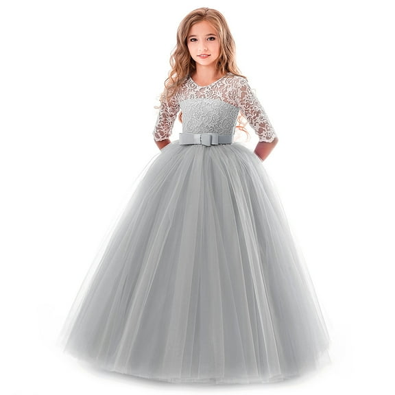 OBEEII Kids Girls Formal Party Dress 3/4 Sleeve Full Length Princess Dresses Girls Birthday Party Dress 140 Gray