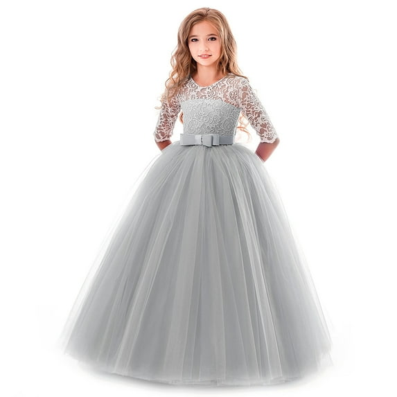 OBEEII Kids Girls Formal Party Dress 3/4 Sleeve Full Length Princess Dresses Girls Birthday Party Dress 150 Gray