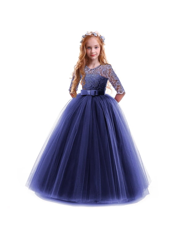 Kids Girls Formal Party Dress 3/4 Sleeve Full Length Princess Dresses Girls Birthday Party Dress 150 navy blue