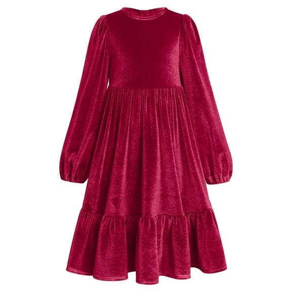 OBEEII Kids Girls Long Sleeve Solid Color Velvet Ruffle Dress Party Dress Girls' Church Prayer Long Sleeve Dress Stage Performance Dress 11-12 Years red