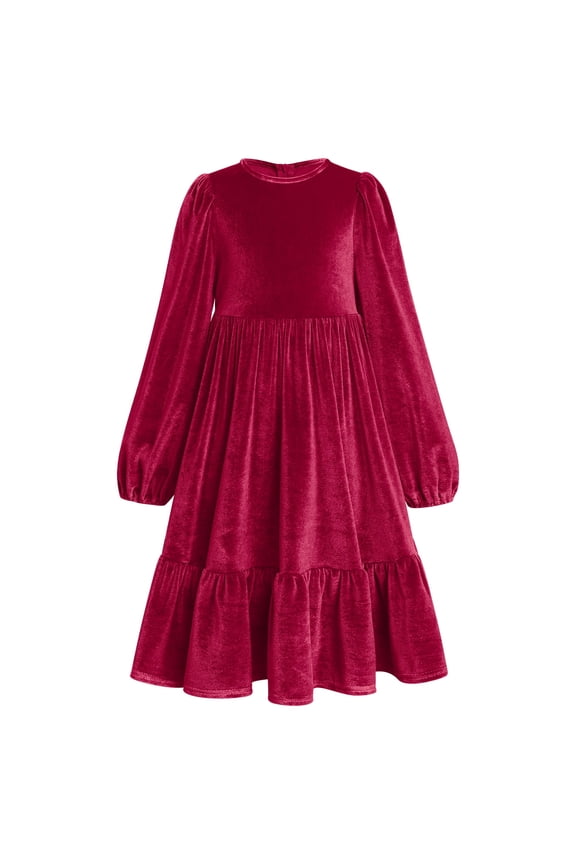 Kids Girls Long Sleeve Solid Color Velvet Ruffle Dress Party Dress Girls' Church Prayer Long Sleeve Dress Stage Performance Dress 11-12 Years red