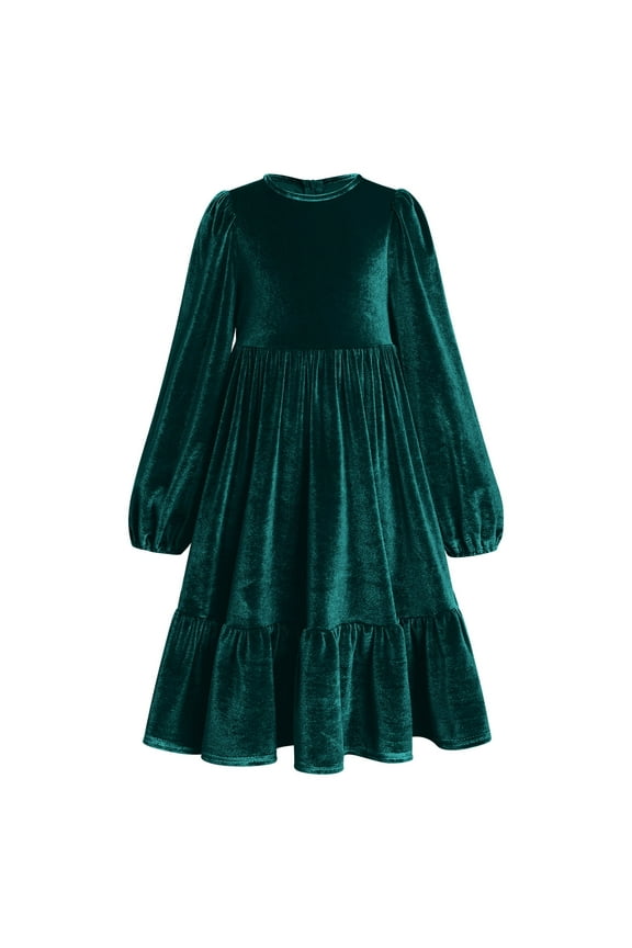 Kids Girls Long Sleeve Solid Color Velvet Ruffle Dress Party Dress Girls' Chvurch Prayer Long Sleeve Dress Stage Performance Dress 11-12 Years Green
