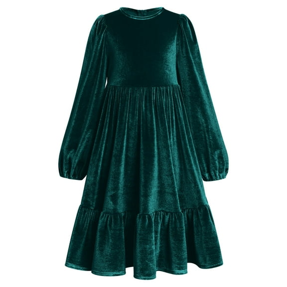 OBEEII Kids Girls Long Sleeve Solid Color Velvet Ruffle Dress Party Dress Girls' Chvurch Prayer Long Sleeve Dress Stage Performance Dress 11-12 Years Green