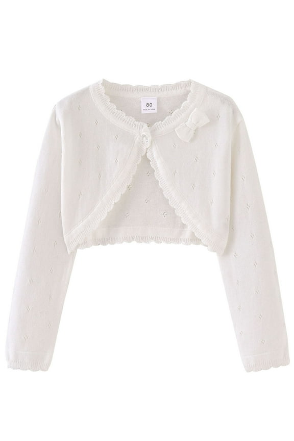 Knitted Cardigan for Infant Toddle Girls White Cardigan Flower Girls Sweater Tops Bow Covered Dress Up