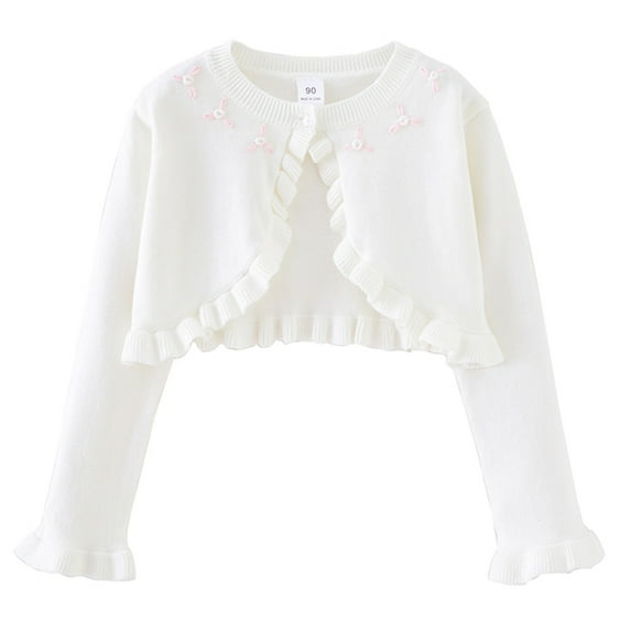 OBEEII Little Girls Knitted Cardigan Long Sleeve Bolero Shrug Cropped Sweater White Flower Girls Crocheted Crop Tops Outwear Kids Clothes