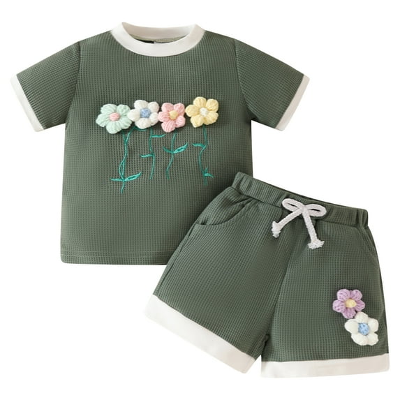 OBEEII Little Girls T-shirts with Shorts 2 Pcs Set Cute Floral Summer Outfits Chic Color Block Short Sleeve Top Infant Shorts with Pockets for 9M-4T