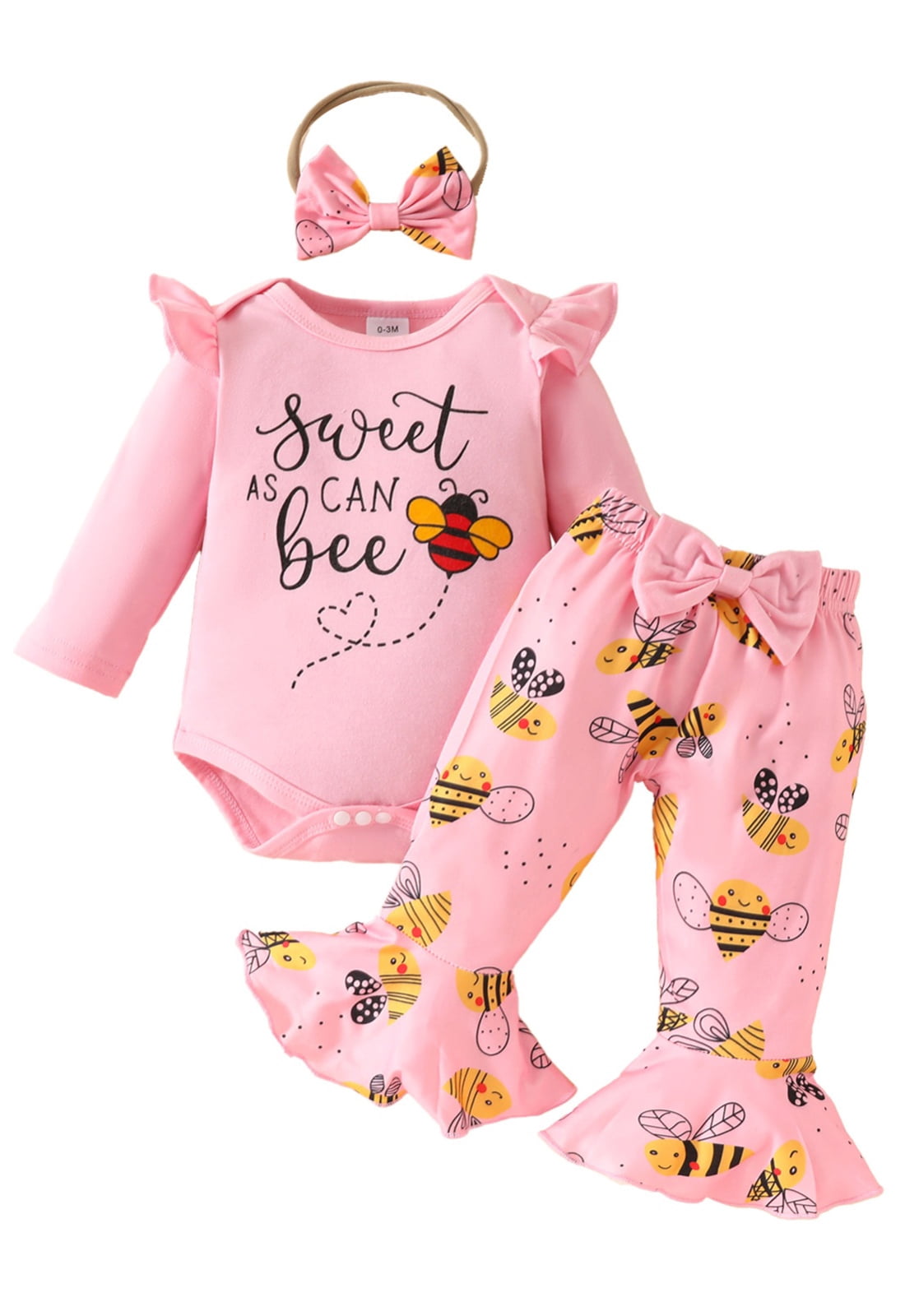OBEEII Long Sleeve Romper Outfits for Infant Toddle Girls Printed Jumpsuits Bell Bottom Pants with Bow Headband 3PCS 1st Birthday Coming Home Casual Outfits