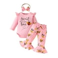 thumbnail image 1 of OBEEII Long Sleeve Romper Outfits for Infant Toddle Girls Printed Jumpsuits Bell Bottom Pants with Bow Headband 3PCS 1st Birthday Coming Home Casual Outfits, 1 of 10