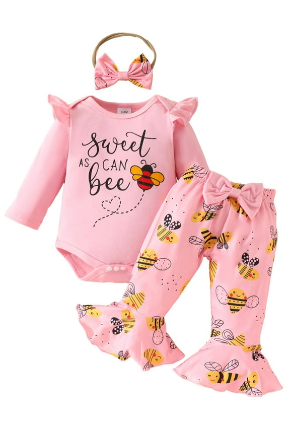 Long Sleeve Romper Outfits for Infant Toddle Girls Printed Jumpsuits Bell Bottom Pants with Bow Headband 3PCS 1st Birthday Coming Home Casual Outfits