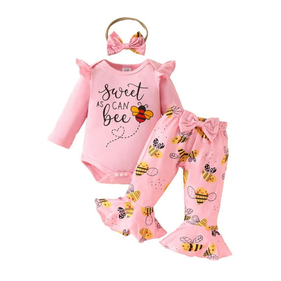 OBEEII Long Sleeve Romper Outfits for Infant Toddle Girls Printed Jumpsuits Bell Bottom Pants with Bow Headband 3PCS 1st Birthday Coming Home Casual Outfits