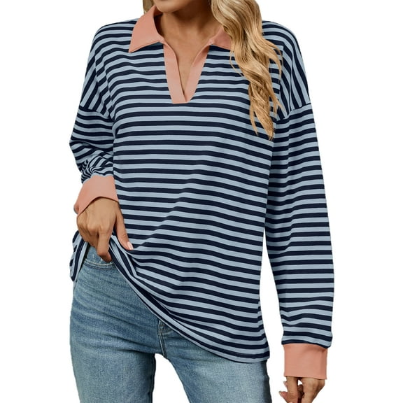 OBEEII Long Sleeve Shirts for Women Causal Tops V Neck Loose Color Block Striped Pullover Tops Shirts 2024 Fall Clothes