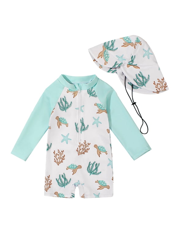Long Sleeve Swimsuits for Baby Boys One Piece Zip Up Bathing Suits UPF 50+ Beach Swimwear with Sun Hat