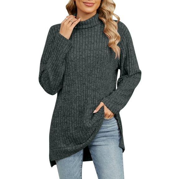 OBEEII Long Sleeve Turtleneck Sweater for Women Ribbed Knitted Warm Sweater Casual Loose Pullover Jumper Tops