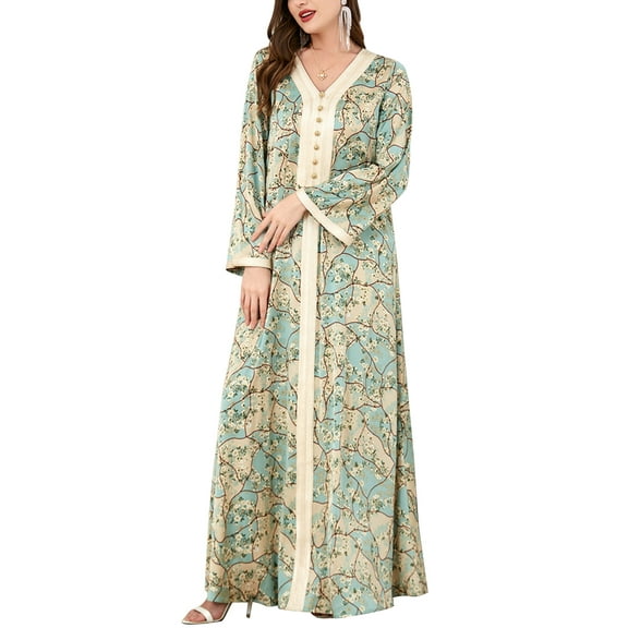 OBEEII Muslim Abaya Dress for Women Elegant Floral Islamic Dubai Long Sleeve Kaftan Maxi Dress Eid Party Loose Fit Muslim Prayer Dresses