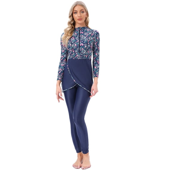 OBEEII Muslim Swimsuits For Women 3 Pieces Long Sleeve Modest Swimwear Lslamic Arabic Swimming Costume Hijab Burkini 3XL blue floral