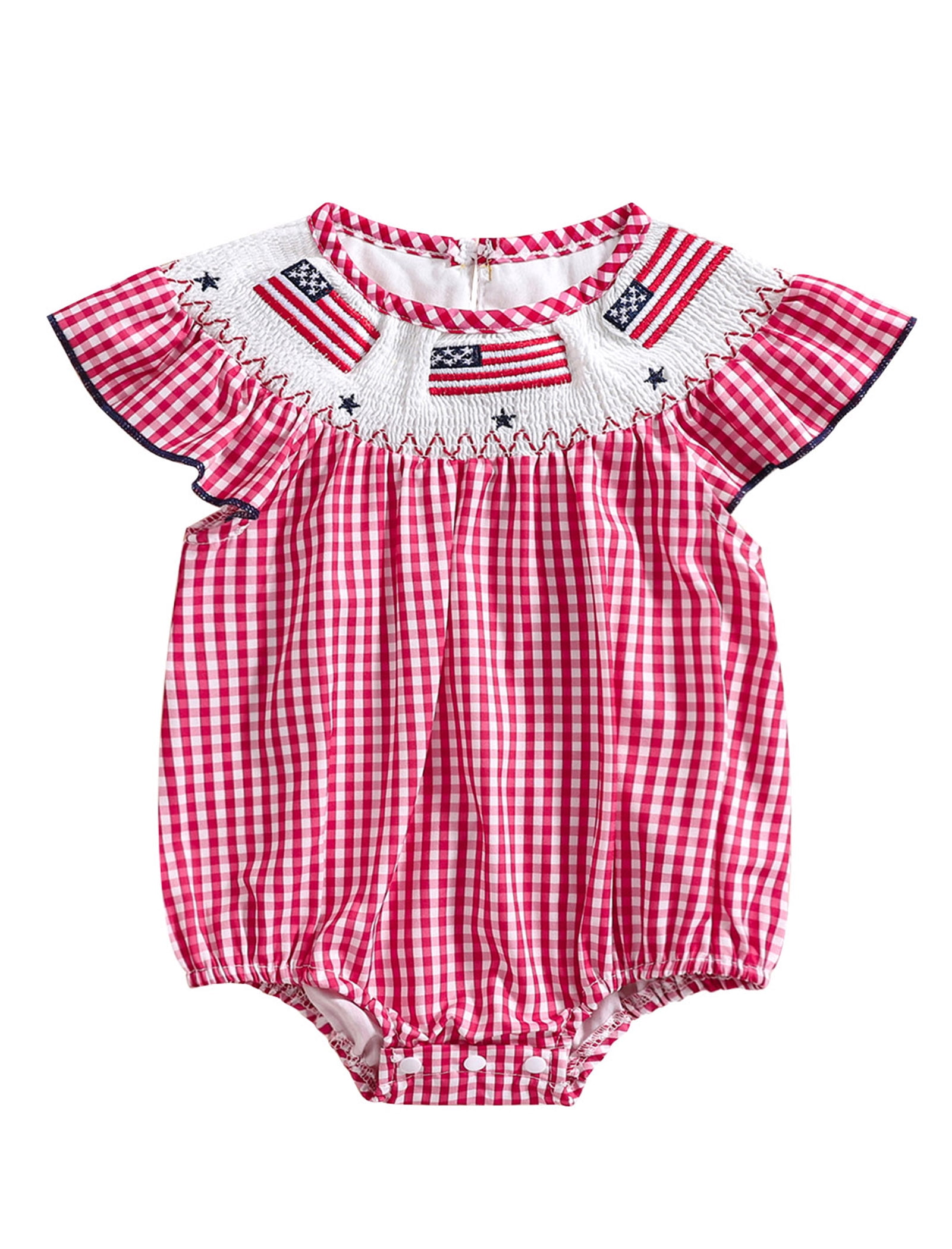 OBEEII Newborn Baby Boys Girls Smoked Romper Embroidery Round Neck Ruffle Sleeve Bubble Bodysuit Summer Clothes Causal Outfits