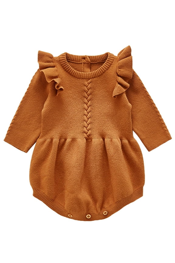 Newborn Girls Romper Ruffle Long Sleeve One Piece Overall Outfits Knitted Jumpsuit Baby Fall Winter Clothes for 0-24 Months