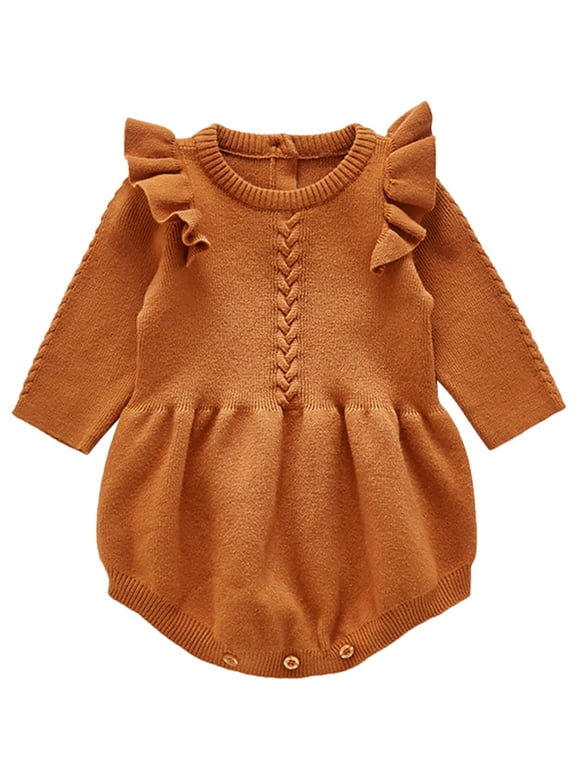 Newborn Girls Romper Ruffle Long Sleeve One Piece Overall Outfits Knitted Jumpsuit Baby Fall Winter Clothes for 0-24 Months