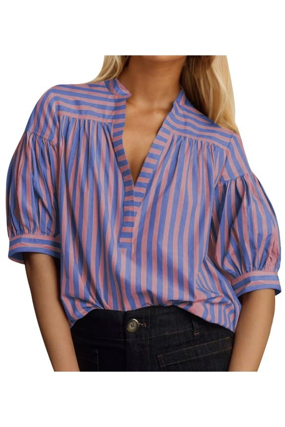 Plus Size Shirt for Women Short Puff Sleeve Top V Neck Stripe Splicing Business Shirt Casual Blouse Top