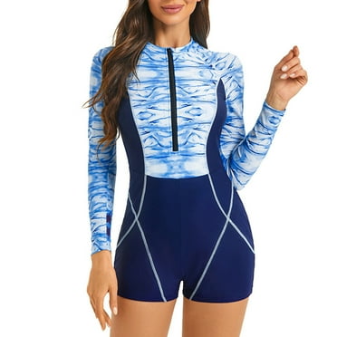 OBEEII One Piece Swimsuit for Women Boyleg Rash Guard Swimwear with Movable Chest Pads Zip Long Sleeve Full Body Trendy Swimming Suit, Blue Size S