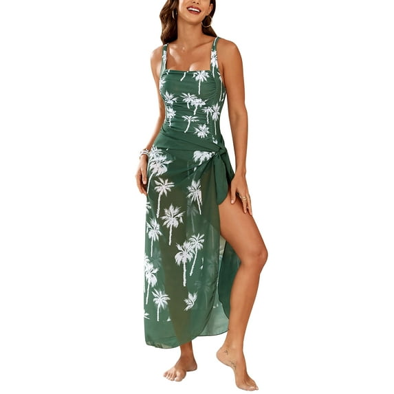 OBEEII One Piece Swimsuit with Cover Up Sarong Dress Women Swimwear Stylish Green Tropical Print Surfing Bathing Suit Summer Sleeveless Beachwear
