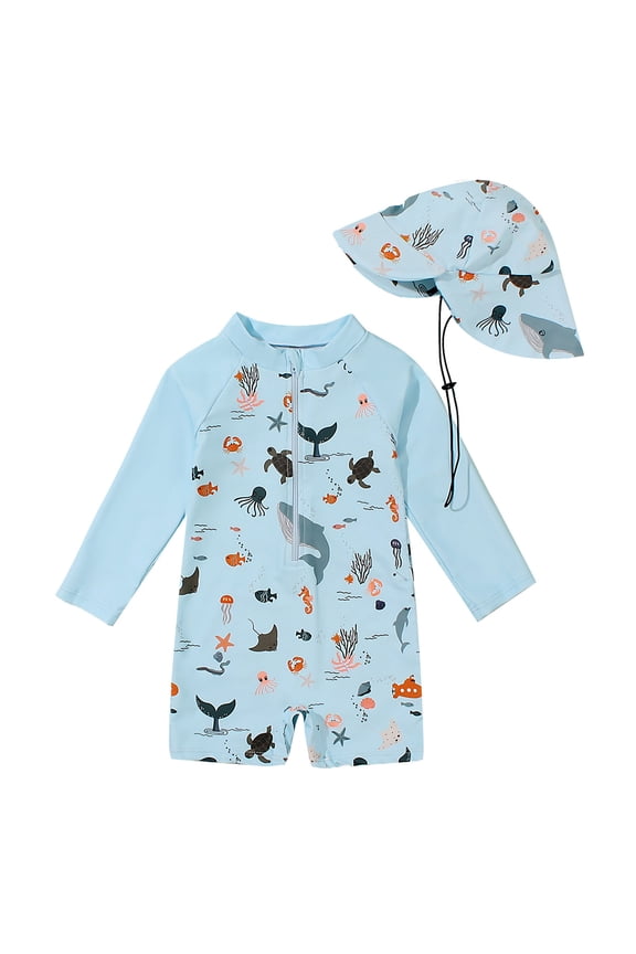One Piece Swimwear for Little Boys Cute Printed Swimsuits Long Sleeve Zip Front Bathing Suit Swimming Wear UPF50+ with Sun Hat