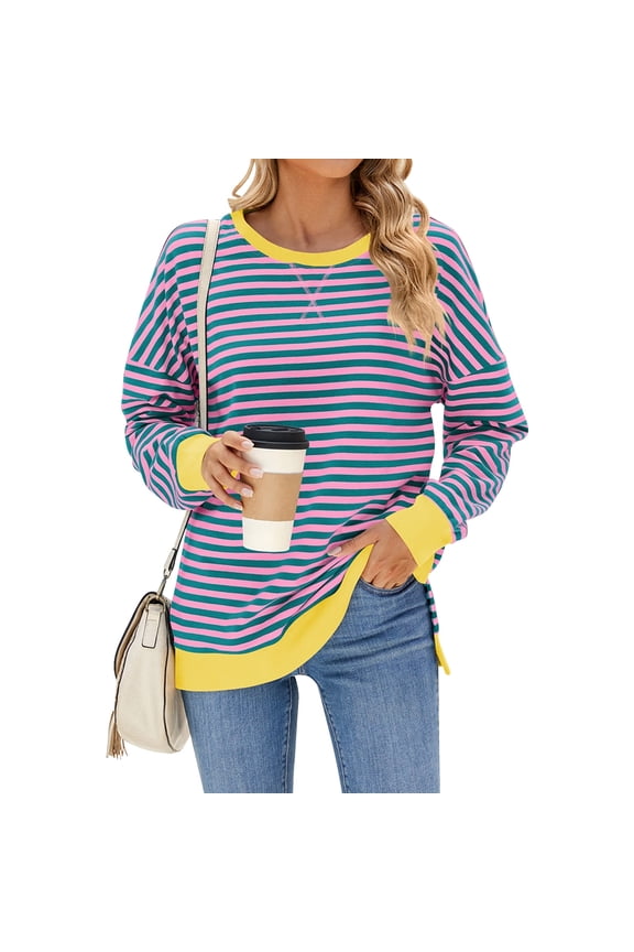 Oversized Sweatshirts for Womens Crew Neck Color Block Striped Tee Shirts Casual Y2K Pullover Tops