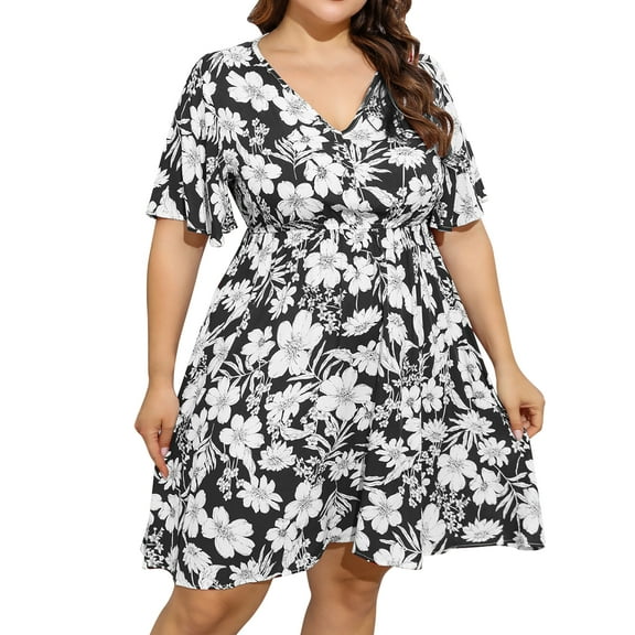 OBEEII Womens Plus Size Dresses Summer Short Sleeve V Neck Skirts Oversize Wedding Guest Dress A-line Formal Cocktail Swing Dress XL Black