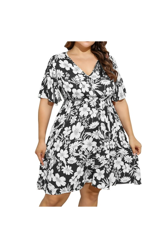 Womens Plus Size Dresses Summer Short Sleeve V Neck Skirts Oversize Wedding Guest Dress A-line Formal Cocktail Swing Dress XL Black