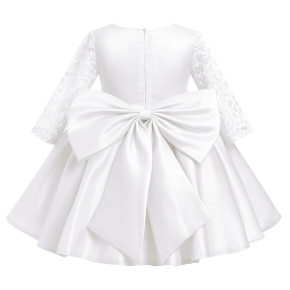 OBEEII Satin Dress for Infant Toddler Girl Princess Pageant Formal Dress Foral Lace 3/4 Sleeves Big Bow-Knot Dress for Wedding Evening Birthday Party, White Size 6M-6T