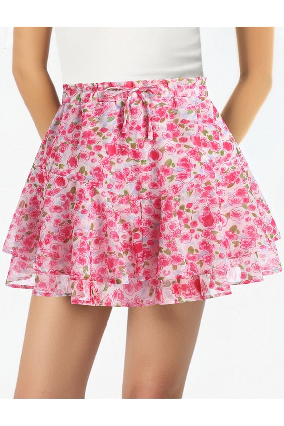 Shorts for Women Summer Flowy Skorts Pink Floral Chiffon Shorts Skirt Boho Ruffle Tennis Mini Skirts