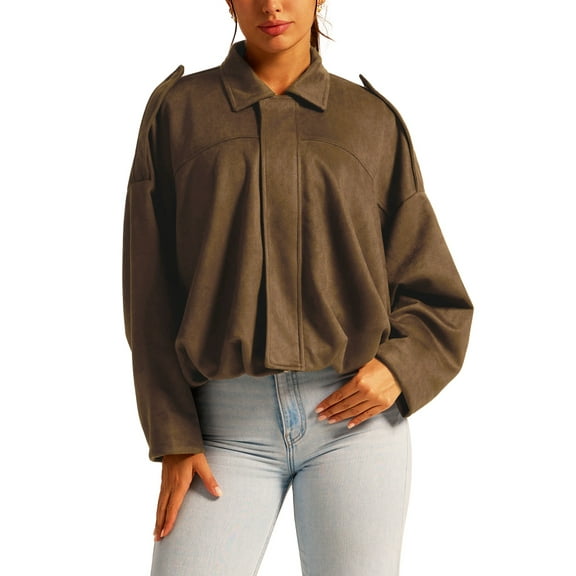 OBEEII Suede Winter Coat for Women Bomber Jacket Zip Up Long Sleeve Outwear Leisure Oversized Streetwear