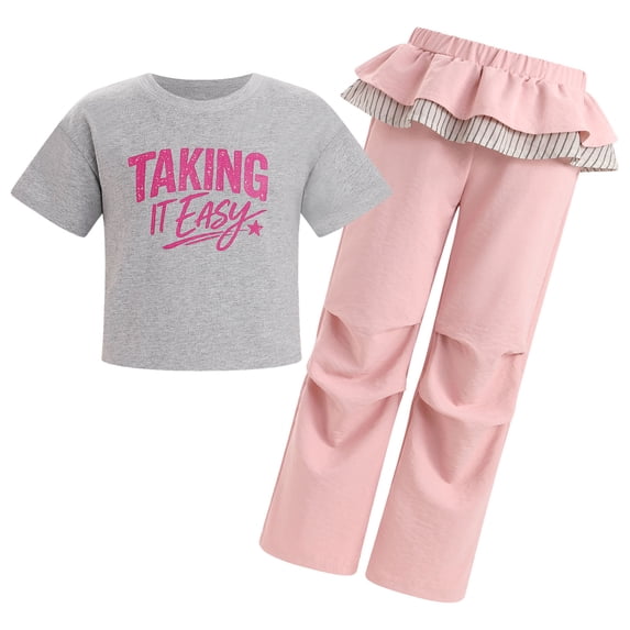 OBEEII Summer Clothing Set for Kids Girls Vintage Printed T-shirt with Pants Y2K 2 Piece Streetwear Casual Hip-hop Jogger Outfits