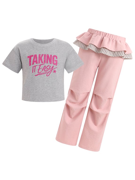 Summer Clothing Set for Kids Girls Vintage Printed T-shirt with Pants Y2K 2 Piece Streetwear Casual Hip-hop Jogger Outfits
