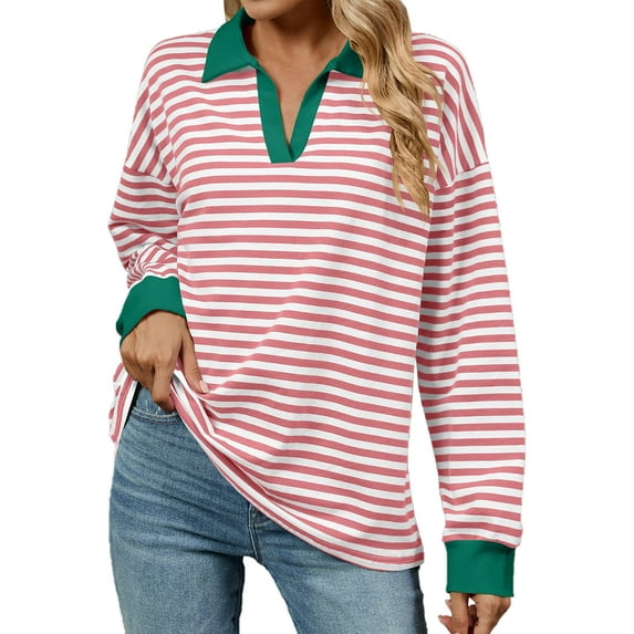 OBEEII Sweatshirts for Women Comfy Chic Loose Fall Clothes Pink White Striped Shirts Plus Size V Neck Pullover Tops