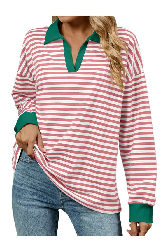 Sweatshirts for Women Comfy Chic Loose Fall Clothes Pink White Striped Shirts Plus Size V Neck Pullover Tops