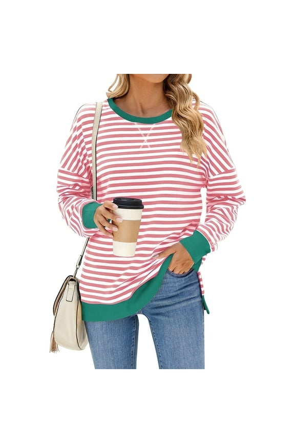 Sweatshirts for Women Fashion Striped Crewneck Pullover Tops Long Sleeve Plus Size Shirts Loose Fit Going Out Exercise Athletic Tee Shirts