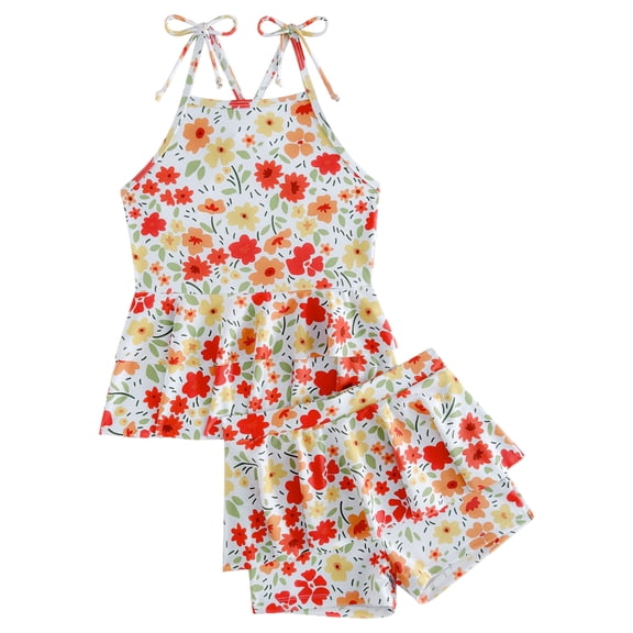 OBEEII Swimsuit for Baby Girls 2 Piece Swimwear Adjustable Straps Sleeveless Floral Ruffle Cross Back Bathing Suit Teen Tankini Swimsuits