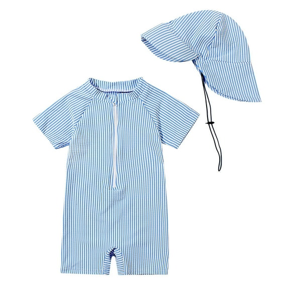 OBEEII Swimwear for Kids Boys One Piece Short Sleeve Bathing Suits Color Block Rash Guard Swimsuits Beach Wear with Sun Hat UPF50+