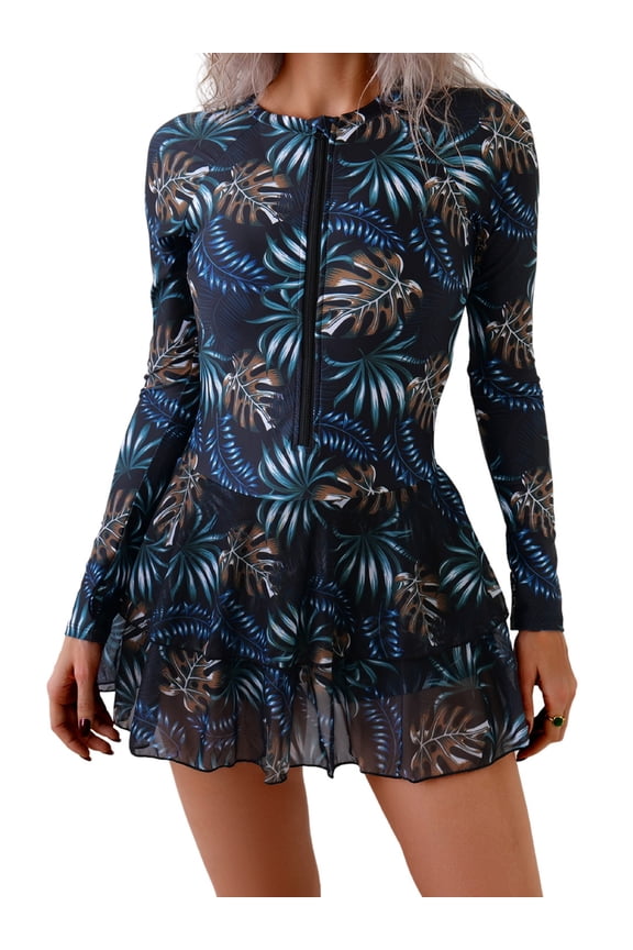 Swimwear for Women Swimming Suits Rash Guard Long Sleeve Swimskirts Tropical Printed Swim Dress Bathing Suit with Shorts