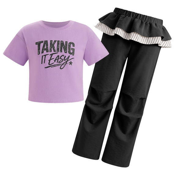 OBEEII Teen Girls 2 Piece Clothing Set Fashion Cotton Tee Fashion Layered Flounce Cargo Pants with Pockets Y2K Girls Summer Outfits