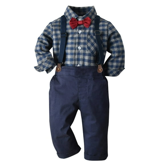 OBEEII Toddler Baby Boys Formal Outfits Fall Winter Clothes Set Baby Boys Long Sleeve Shirt And Suspender Pants Cake Smash Outfits