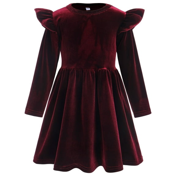 OBEEII Toddlers Baby Girls Fall Long Sleeve Solid Color Ruffled Velvet Dress Baby Girls Cake Smash Dress Wedding Flower Girl Dress 18-24 Months Burgundy