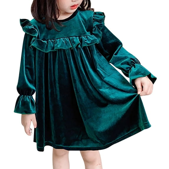 OBEEII Toddlers Baby Girls Fall Long Sleeve Solid Color Ruffled Velvet Dress Baby Girls Cake Smash Dress Wedding Flower Girl Dress 18-24 Months Lace dark green
