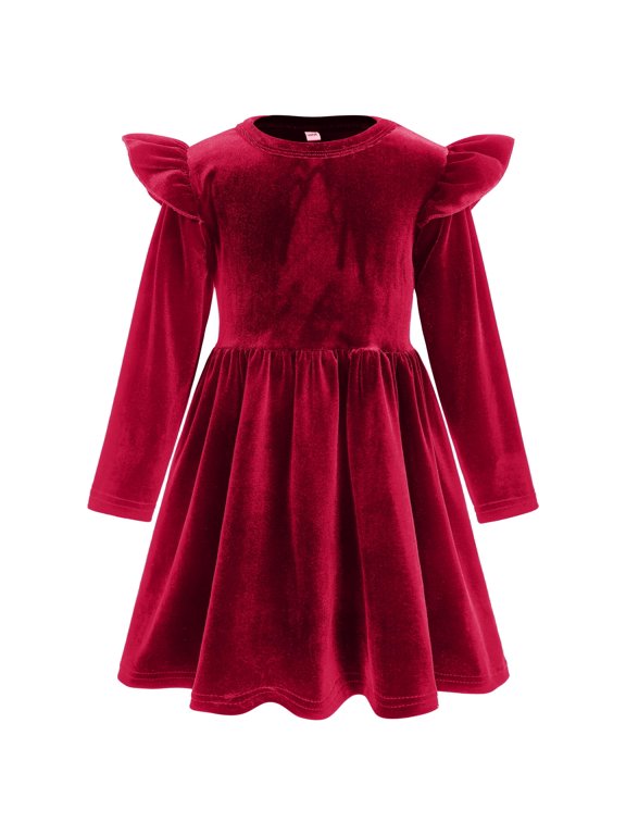 Toddlers Baby Girls Fall Long Sleeve Solid Color Ruffled Velvet Dress Baby Girls Cake Smash Dress Wedding Flower Girl Dress 3-4 Years red