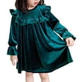 thumbnail image 1 of OBEEII Toddlers Baby Girls Fall Long Sleeve Solid Color Ruffled Velvet Dress Baby Girls Cake Smash Dress Wedding Flower Girl Dress 6-7 Years Lace dark green, 1 of 10